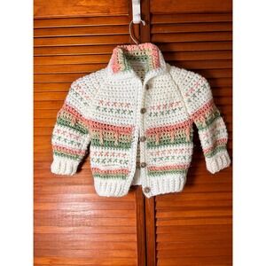 Flaherty Imports Kids Crochet Cardigan Sweater Cream Green Pink Stripe Vintage